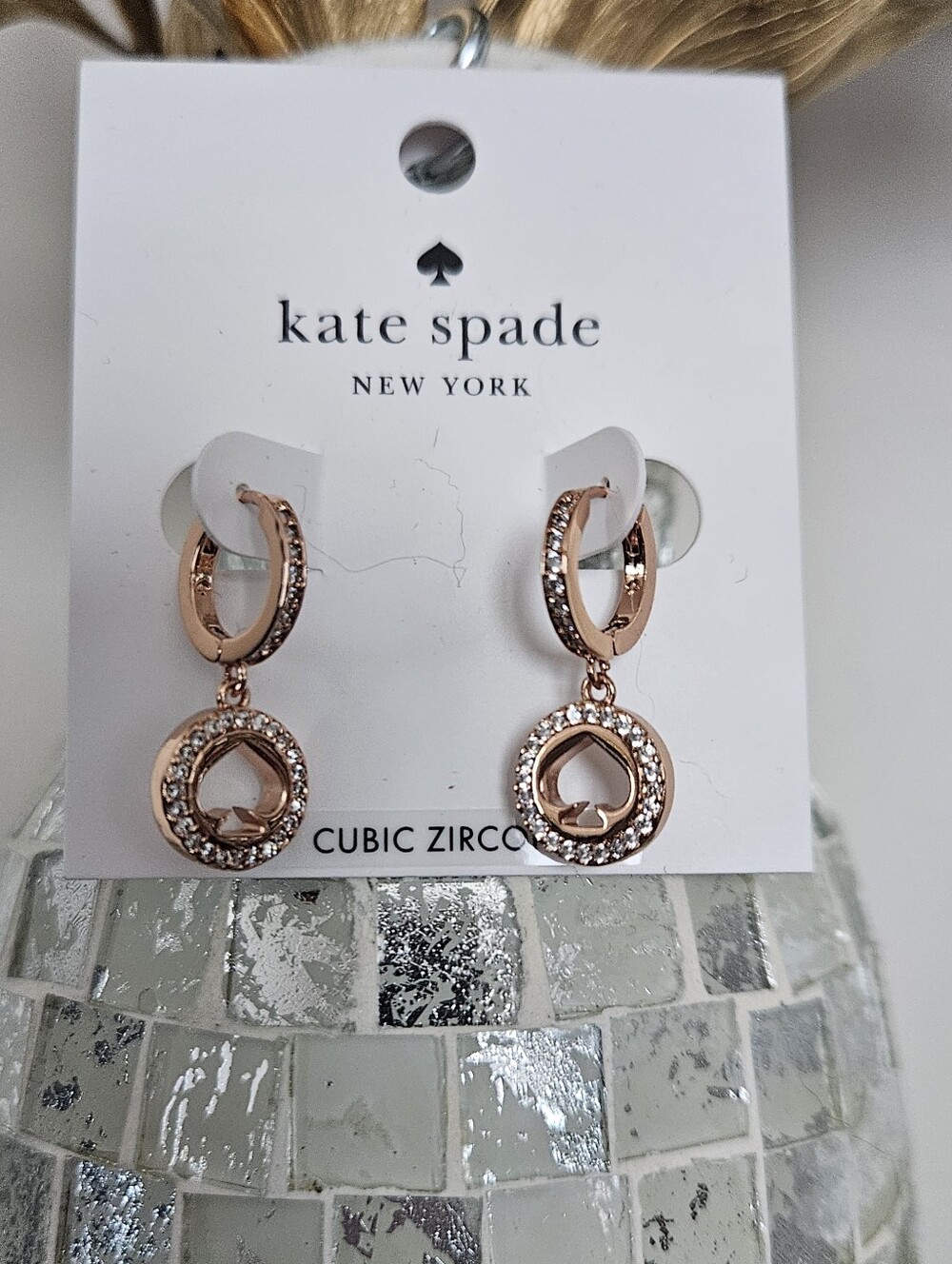 kate spade Rose Gold Crystal Hoop Drop Earrings, New, With Dusty, MSRP $69